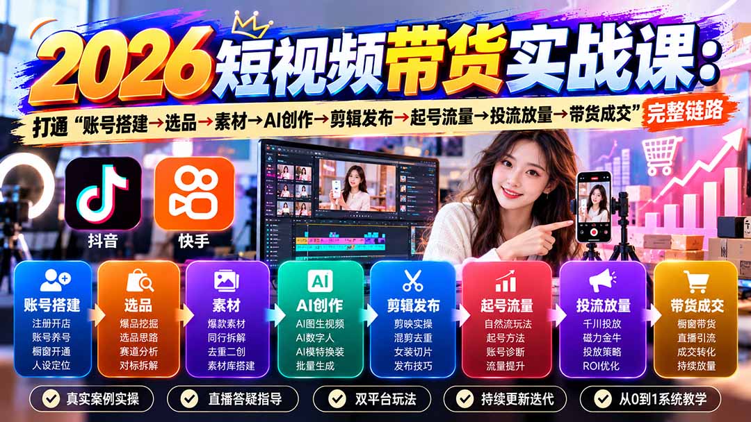 2026短视频带货实战课9月：打通“账号搭建→选品→素材→AI创作→剪辑发布→起号流量→投流放量→带货成交”完整链路-禾谷轻创网