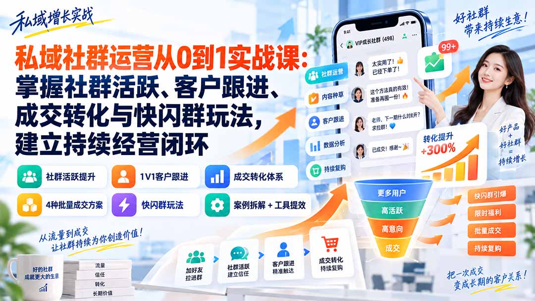 私域社群运营从0到1实战课：掌握社群活跃、客户跟进、成交转化与快闪群玩法，建立持续经营闭环-禾谷轻创网