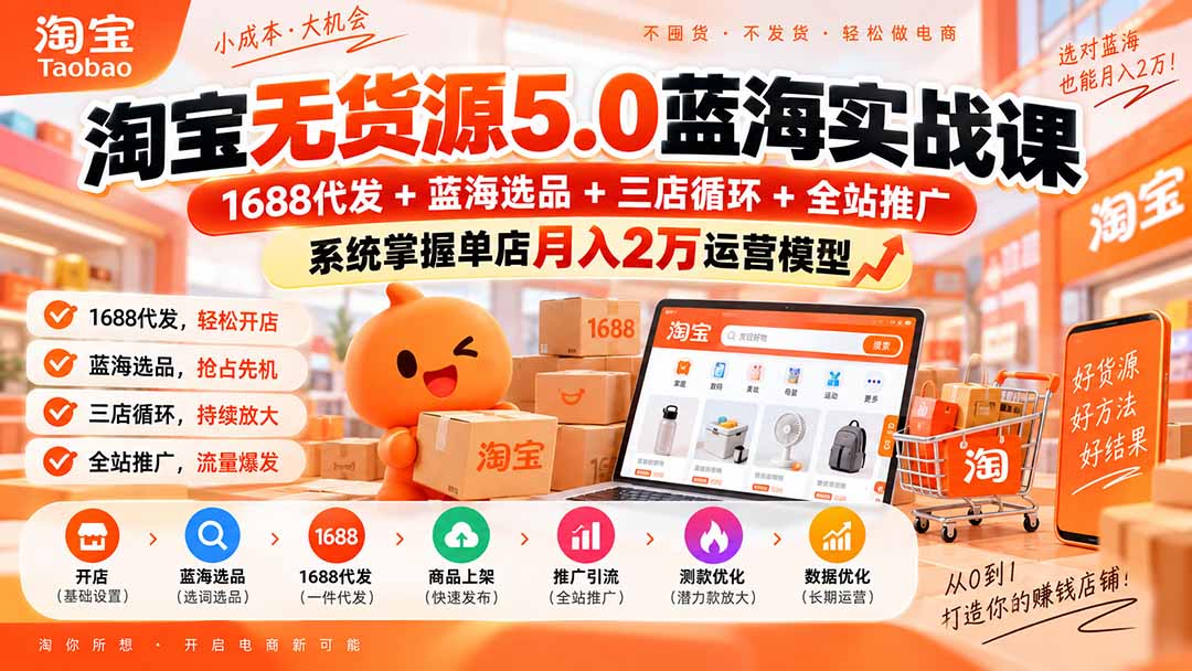 淘宝无货源5.0蓝海实战课-更新0927：1688代发+蓝海选品+三店循环+全站推广，系统掌握单店月入2万运营模型-禾谷轻创网