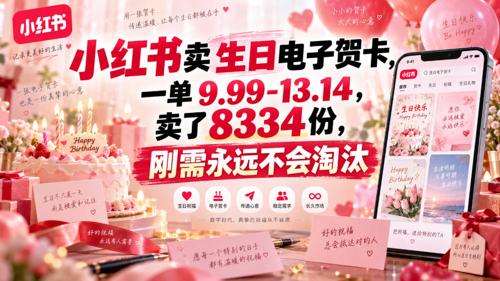 小红书卖生日电子贺卡，一单9.99-13.14，卖了8334份，刚需永远不会淘汰-禾谷轻创网