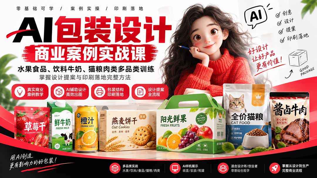 AI包装设计商业案例实战课：水果食品、饮料牛奶、猫粮肉类多品类训练，掌握设计提案与印刷落地完整方法-禾谷轻创网