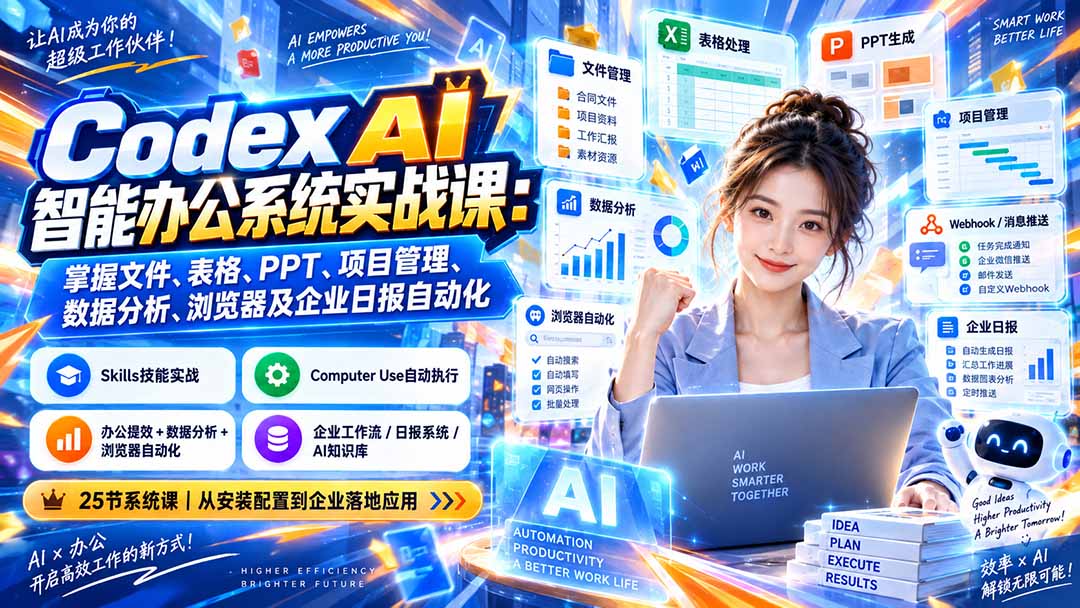 Codex AI智能办公系统实战课：掌握文件、表格、PPT、项目管理、数据分析、浏览器及企业日报自动化-禾谷轻创网