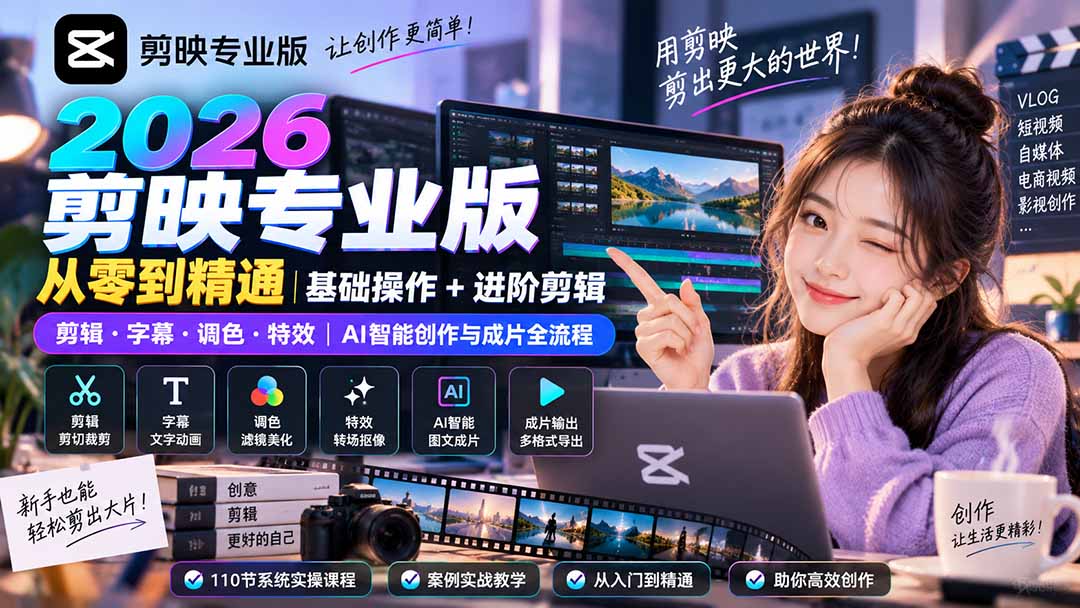 2026剪映专业版从零到精通｜基础操作+进阶剪辑｜剪辑·字幕·调色·特效｜AI智能创作与成片全流程-禾谷轻创网