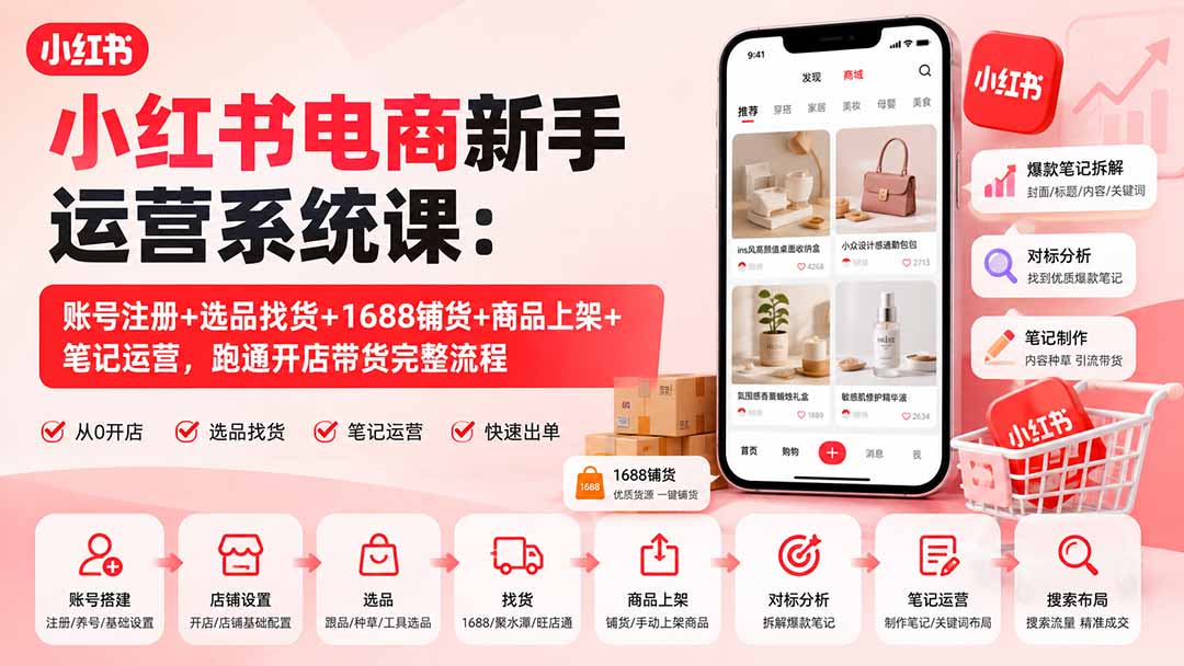 小红书电商新手运营系统课：账号注册+选品找货+1688铺货+商品上架+笔记运营，跑通开店带货完整流程-禾谷轻创网