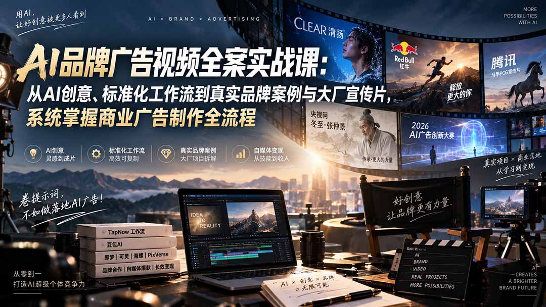 AI品牌广告视频全案实战课：从AI创意、标准化工作流到真实品牌案例与大厂宣传片，系统掌握商业广告制作全流程-禾谷轻创网