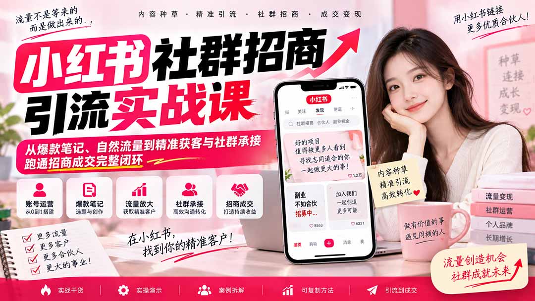 小红书社群招商引流实战课-无水印：从爆款笔记、自然流量到精准获客与社群承接，跑通招商成交完整闭环-禾谷轻创网