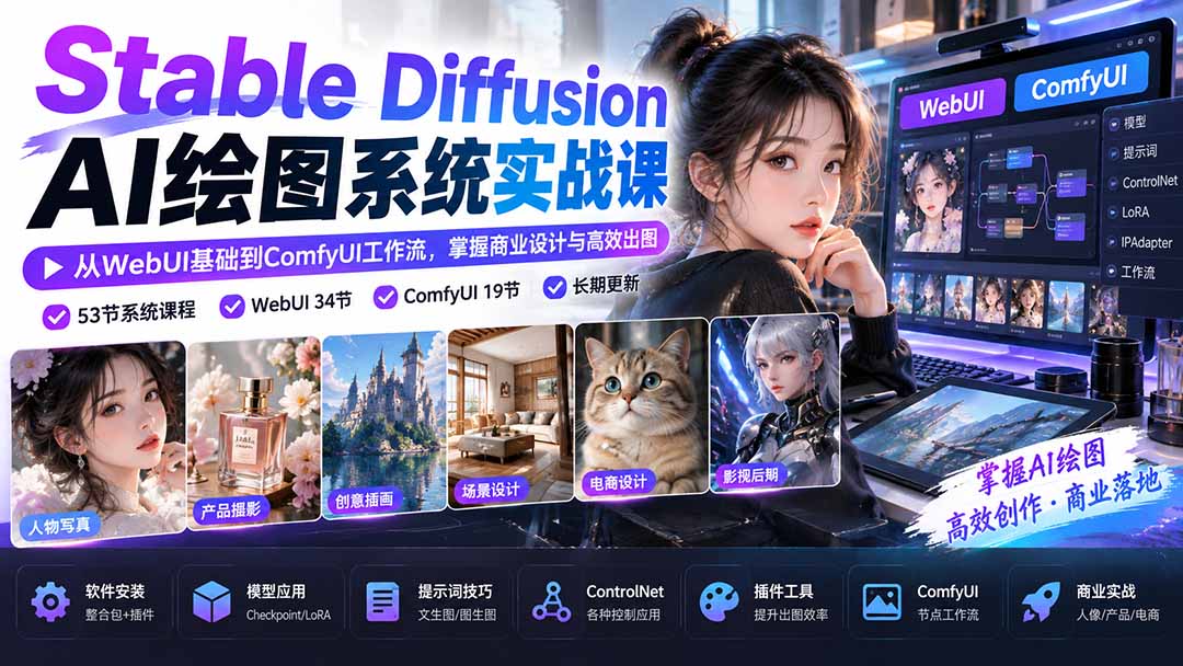 【无水印】Stable Diffusion AI绘图系统实战课：从WebUI基础到ComfyUI工作流，掌握商业设计与高效出图-禾谷轻创网
