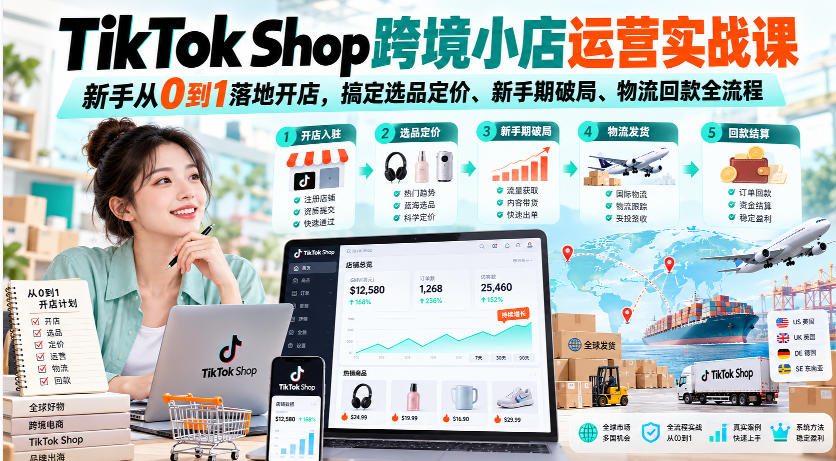 TikTok Shop跨境小店运营实战课，新手从0到1落地开店，搞定选品定价、新手期破局、物流回款全流程-禾谷轻创网