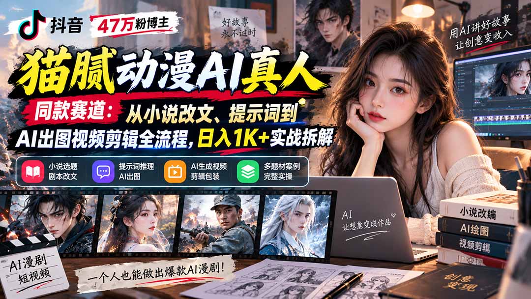抖音47万粉博主猫腻动漫AI真人同款赛道：从小说改文、提示词到AI出图视频剪辑全流程，日入1K+实战拆解-禾谷轻创网