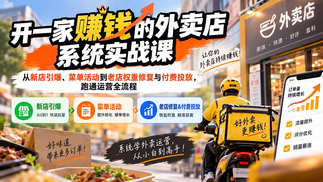 开一家赚钱的外卖店系统实战课：从新店引爆、菜单活动到老店权重修复与付费投放，跑通运营全流程-禾谷轻创网