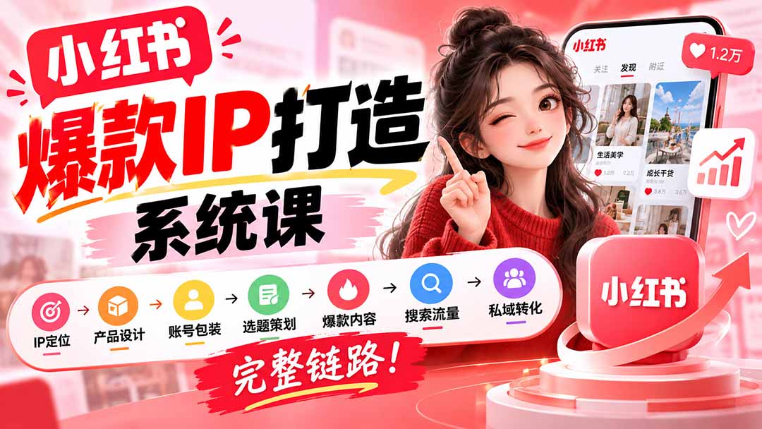【无水印】小红书爆款IP打造课：IP定位→产品设计→账号包装→选题策划→爆款内容→搜索流量→私域转化，完整链路-禾谷轻创网