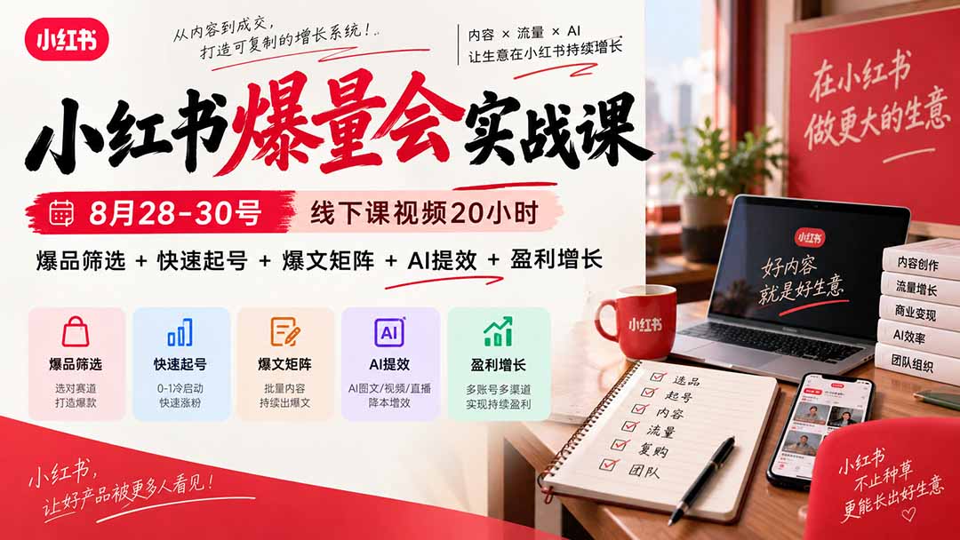 小红书爆量会实战课-更新9月17：线下课视频20小时，爆品筛选+快速起号+爆文矩阵+AI提效+盈利增长-禾谷轻创网
