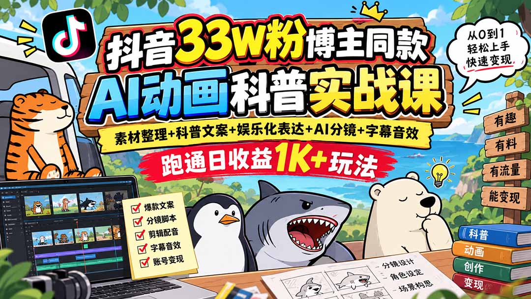 抖音33W粉博主同款AI动画科普实战课｜素材整理+科普文案+娱乐化表达+AI分镜+字幕音效，跑通日收益1K+玩法-禾谷轻创网