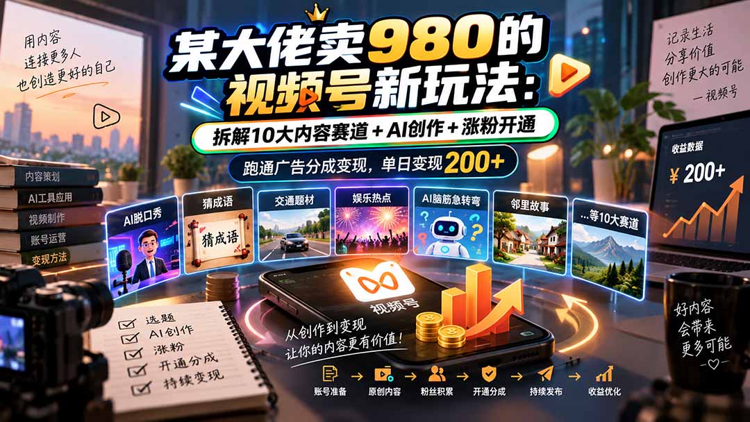 某大佬卖980的视频号新玩法：拆解10大内容赛道+AI创作+涨粉开通，跑通广告分成变现，单日变现200+-禾谷轻创网