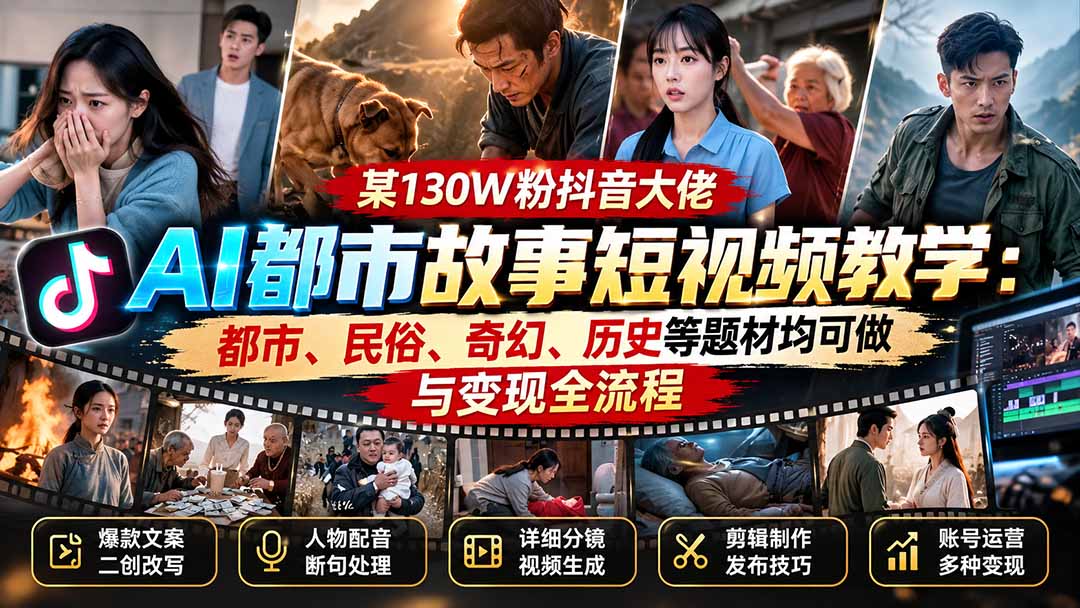 某130W粉抖音大佬AI都市故事短视频教学：都市、民俗、奇幻、历史等题材均可做与变现全流程-禾谷轻创网