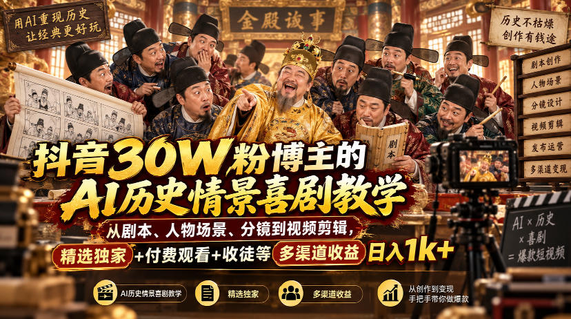 抖音30W粉博主的AI历史情景喜剧教学，从剧本、人物场景、分镜到视频剪辑，精选独家+付费观看+收徒等多渠道收益日入1k+-禾谷轻创网