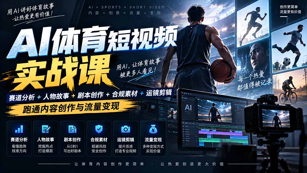 AI体育短视频赛道顶级玩法｜赛道分析+人物故事+剧本创作+版权处理+运镜剪辑，跑通流量变现-日赚1K+-禾谷轻创网