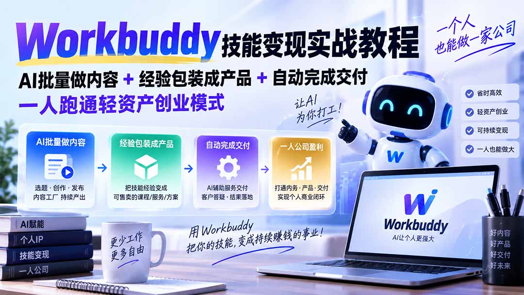 Workbuddy技能变现实战教程：AI批量做内容+经验包装成产品+自动完成交付，一人跑通轻资产创业模式-禾谷轻创网