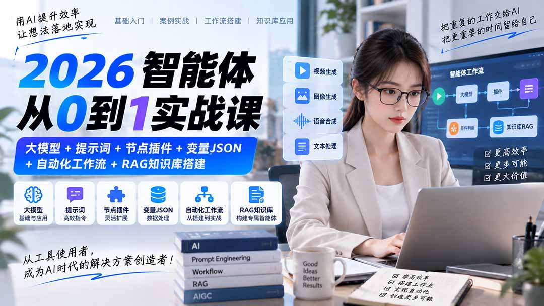 2026智能体从0到1实战课｜大模型+提示词+节点插件+变量JSON+自动化工作流+RAG知识库搭建-禾谷轻创网