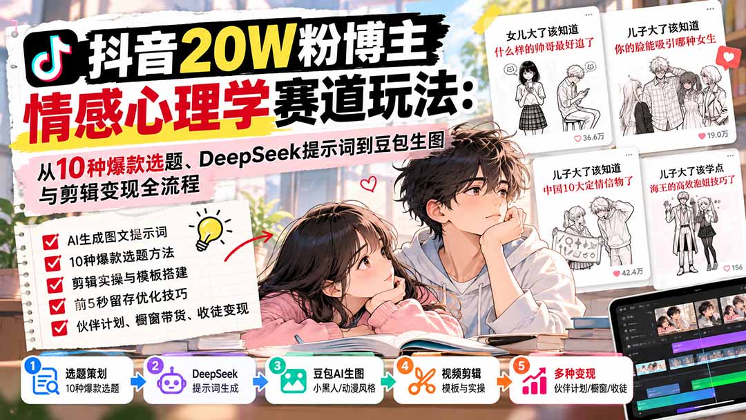 抖音20W粉博主-情感心理学赛道玩法：从10种爆款选题、DeepSeek提示词到豆包生图与剪辑变现全流程-禾谷轻创网
