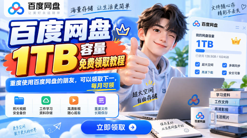 百度网盘1TB容量免费领取教程，重度使用百度网盘的朋友，可以领取下一，每月可领-禾谷轻创网
