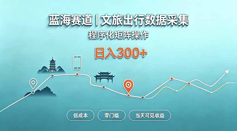 蓝海赛道  文旅出行数据采集  程序化矩阵操作    低成本  零门槛   当天可见收益   日入300+-禾谷轻创网