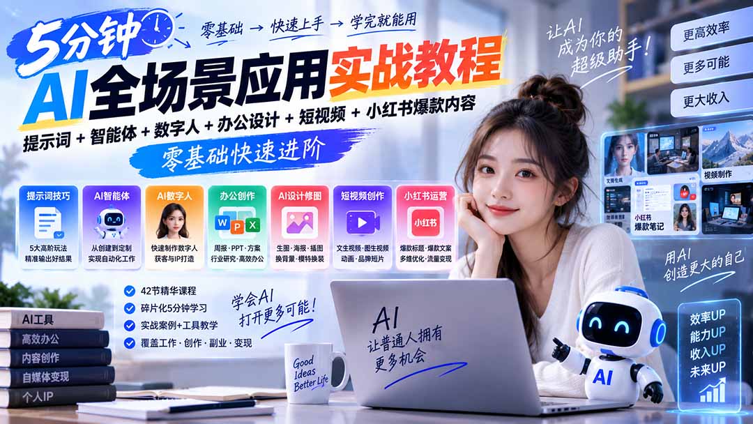 AI全场景应用实战教程｜提示词+智能体+数字人+办公设计+短视频+小红书爆款内容，零基础快速进阶-禾谷轻创网