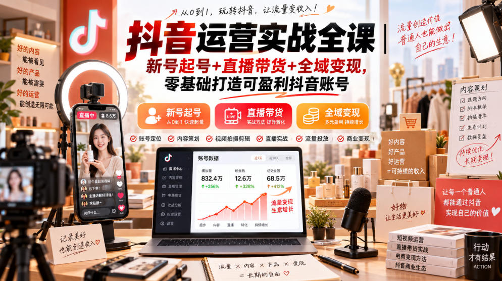 抖音运营实战全课｜新号起号+直播带货+全域变现，零基础打造可盈利抖音账号-禾谷轻创网