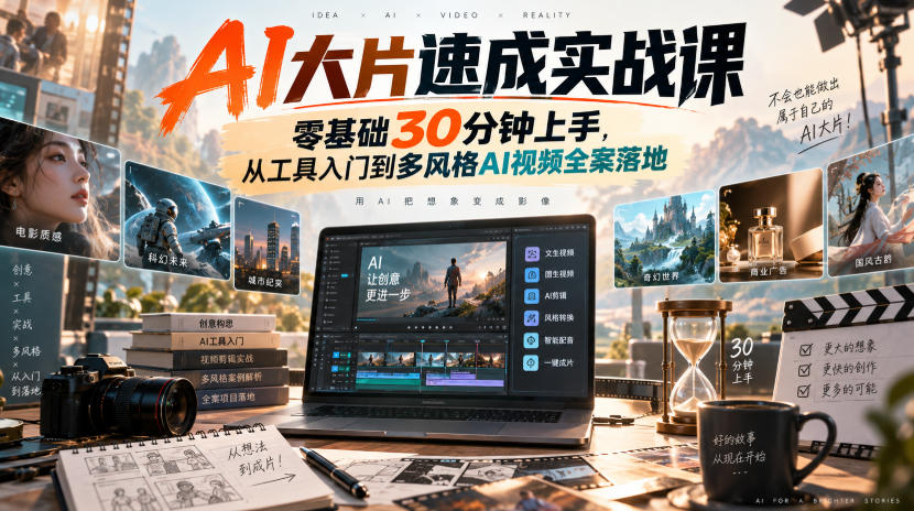 AI大片速成实战课｜零基础30分钟上手，从工具入门到多风格AI视频全案落地​-禾谷轻创网
