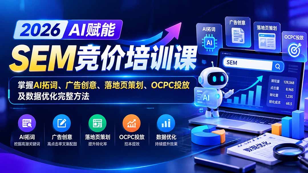 【无水印】2026AI赋能SEM竞价培训课：掌握AI拓词、广告创意、落地页策划、OCPC投放及数据优化完整方法-禾谷轻创网