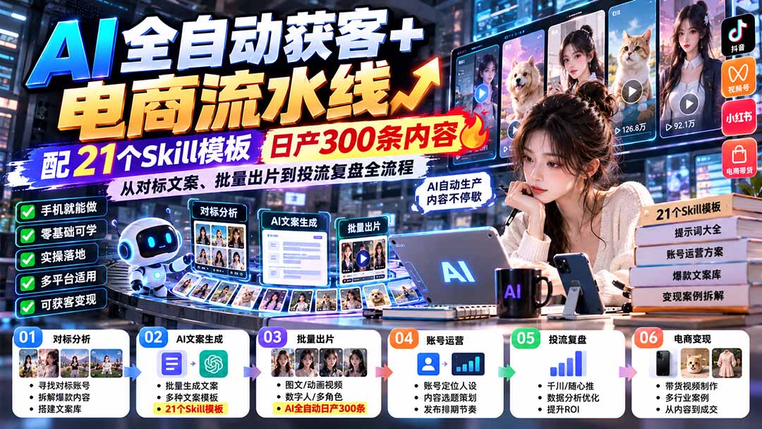 【无水印】AI全自动获客+电商流水线：配21个Skill模板，日产300条内容，从对标文案、批量出片到投流复盘全流程-禾谷轻创网