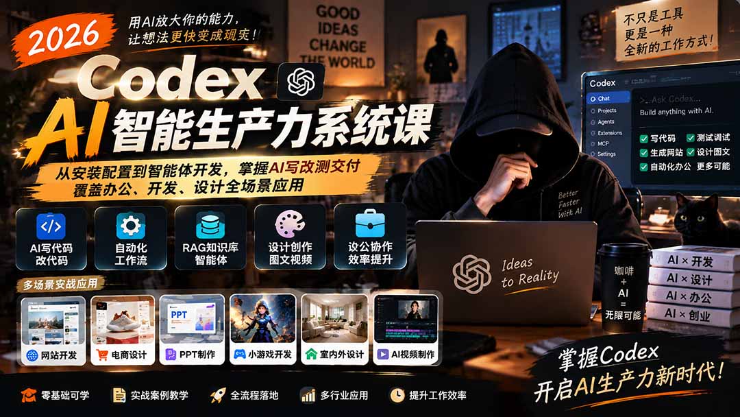 2026 Codex AI智能生产力系统课-更新｜从安装配置到智能体开发，掌握AI写改测交付，覆盖办公、开发、设计全场景应用-禾谷轻创网