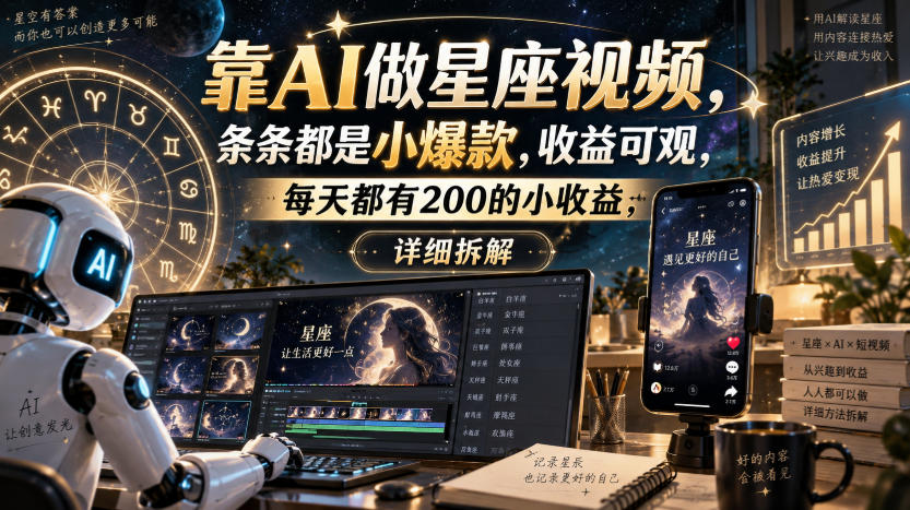 靠AI做星座视频，条条都是小爆款，收益可观，每天都有200的小收益，详细拆解-禾谷轻创网