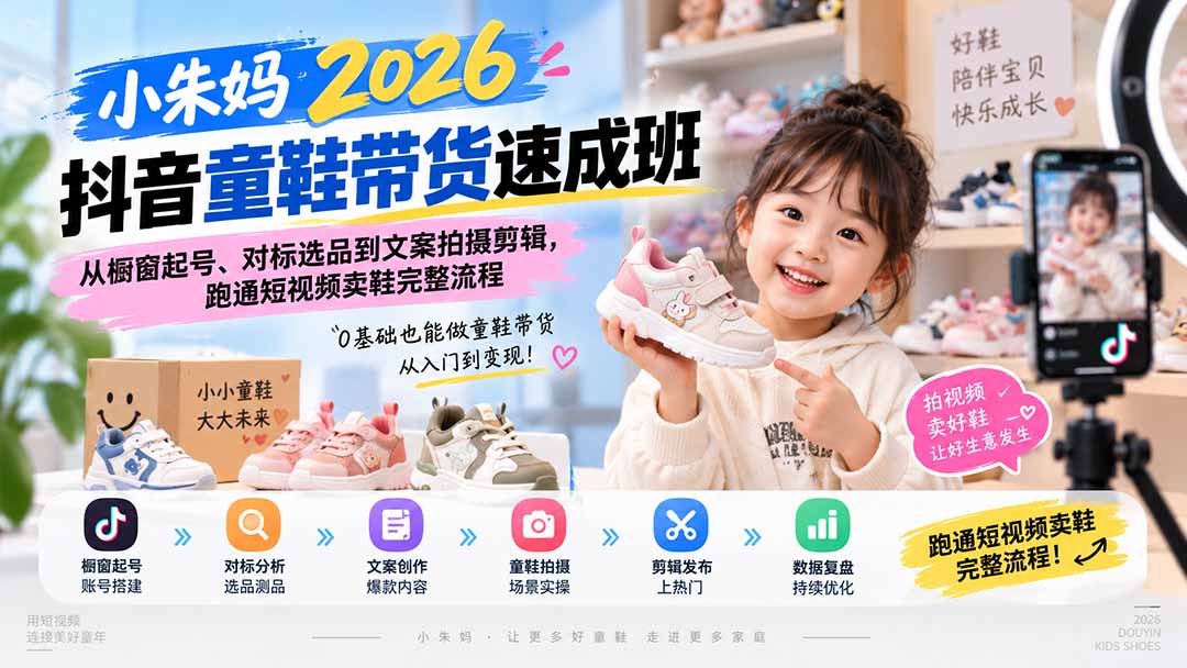 小朱妈2026抖音童鞋带货速成班：从橱窗起号、对标选品到文案拍摄剪辑，跑通短视频卖鞋完整流程-禾谷轻创网