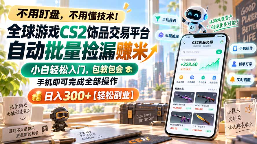 全球游戏CS2饰品交易平台自动批量捡漏赚米，小白轻松入门，包教包会，手机即可完成全部操作，日入300+【轻松副业】-禾谷轻创网