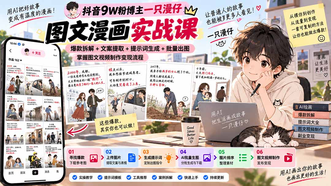 抖音9W粉博主一只漫仔图文漫画课：爆款拆解+文案提取+提示词生成+批量出图，掌握图文视频制作变现流程-禾谷轻创网