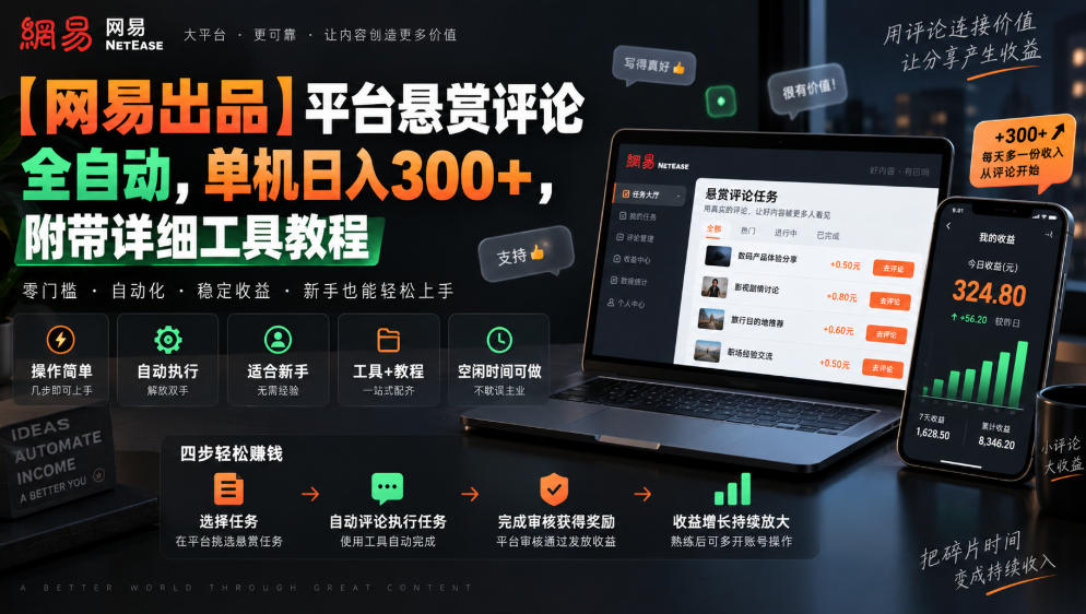 【网易出品】平台悬赏评论全自动，单机日入300+，附带详细工具教程【揭秘】-禾谷轻创网