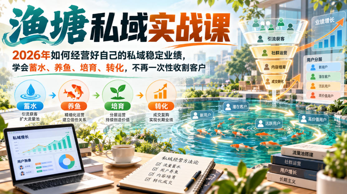 渔塘私域实战课，2026年如何经营好自己的私域稳定业绩，学会蓄水、养鱼、培育、转化，不再一次性收割客户-禾谷轻创网