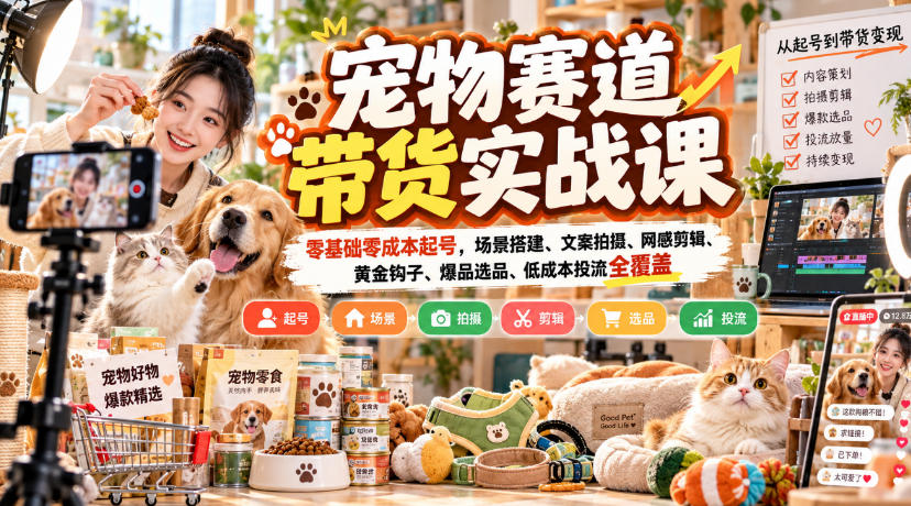 宠物赛道带货实战课，零基础零成本起号，场景搭建、文案拍摄、网感剪辑、黄金钩子、爆品选品、低成本投流全覆盖-禾谷轻创网