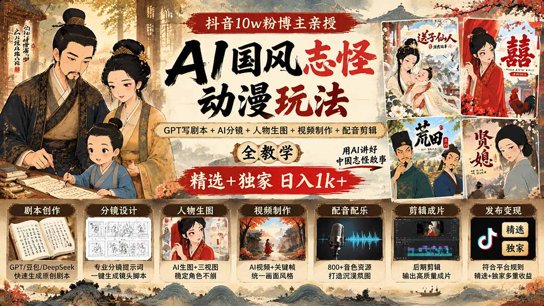 抖音10w粉博主亲授AI国风志怪动漫玩法｜GPT写剧本+AI分镜+人物生图+视频制作+配音剪辑全教学｜精选+独家日入1k+-禾谷轻创网