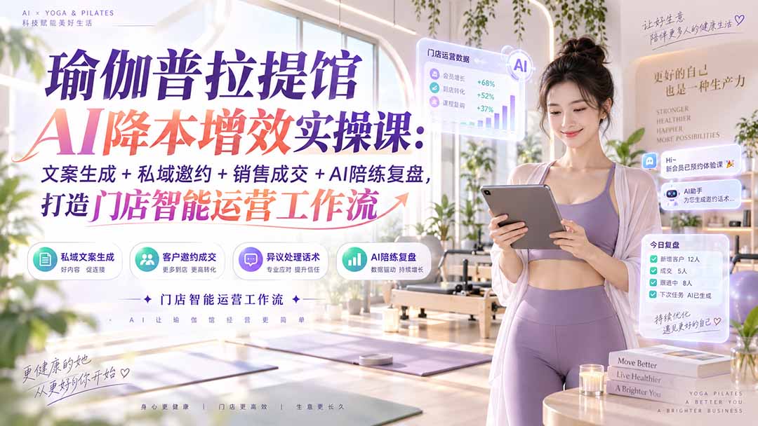 瑜伽普拉提馆AI降本增效实操课：文案生成+私域邀约+销售成交+AI陪练复盘，打造门店智能运营工作流-禾谷轻创网