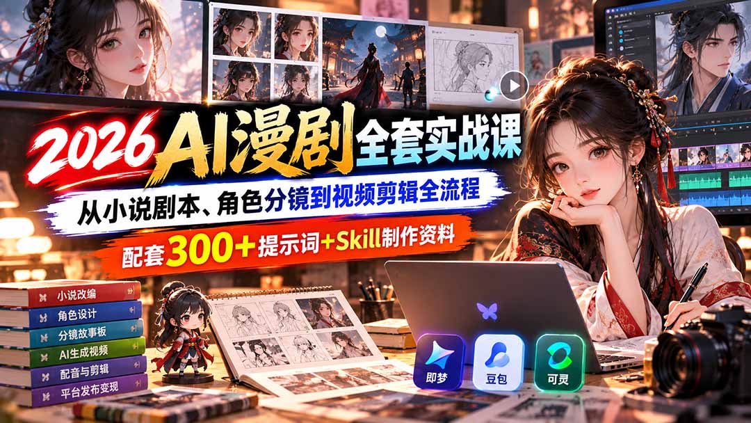 【无水印】2026AI漫剧全套实战课：从小说剧本、角色分镜到视频剪辑全流程，配套300+提示词+Skill制作资料-禾谷轻创网