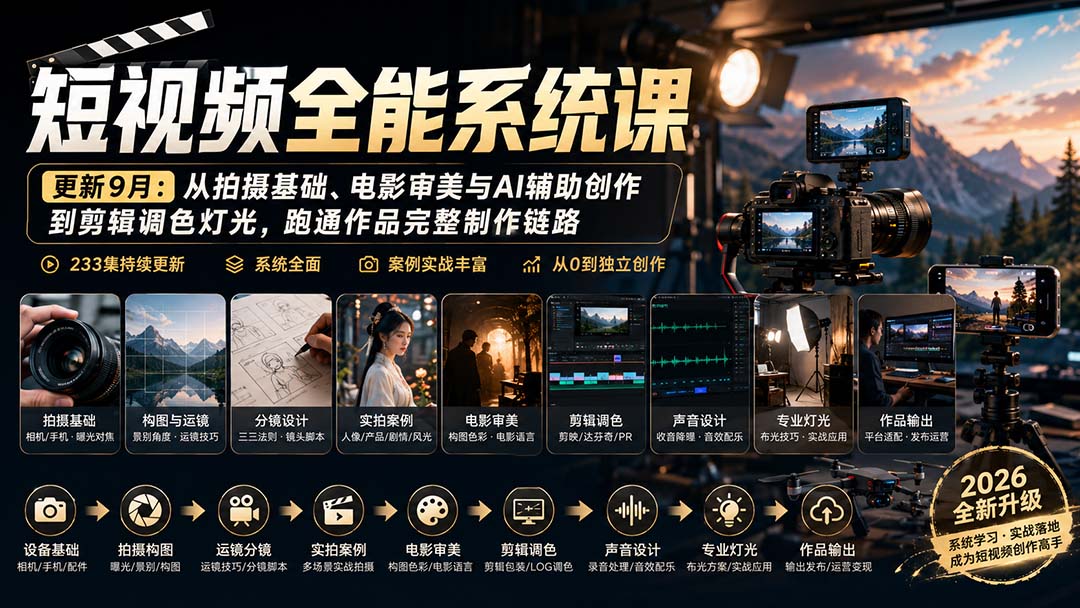 短视频全能系统课-9月完整版：从拍摄基础、电影审美与AI辅助创作到剪辑调色灯光，跑通作品完整制作链路-禾谷轻创网