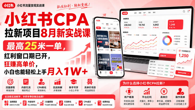 小红书CPA拉新项目8月新实战课，最高25米一单，红利窗口期已开，狂賺高单价，小白也能轻松上手月入1W+(更新0907)-禾谷轻创网