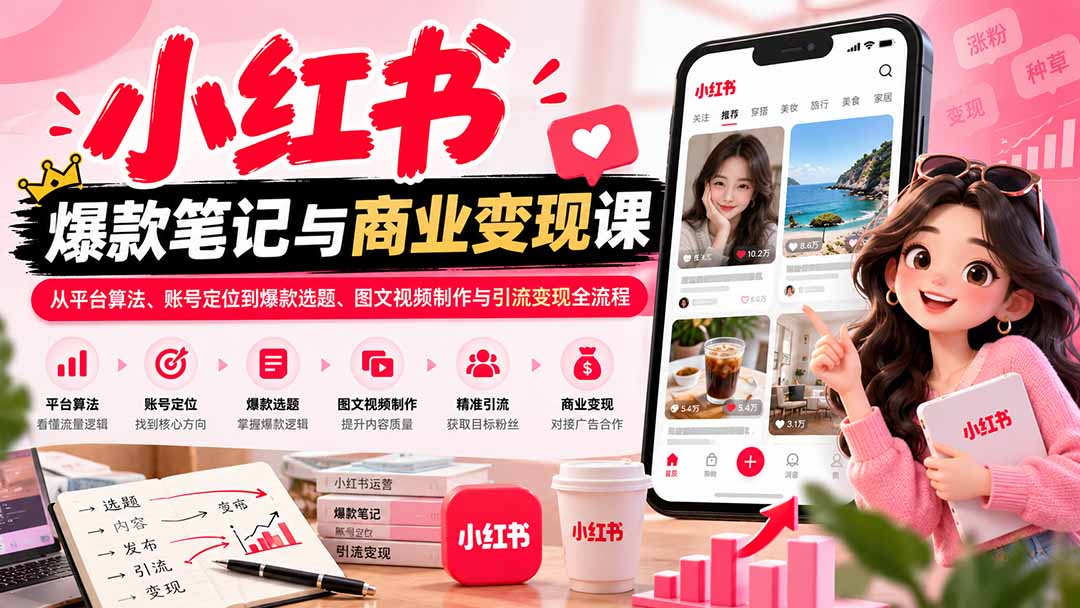 2026小红书爆款笔记与商业变现课：从平台算法、账号定位到爆款选题、图文视频制作与引流变现全流程-禾谷轻创网