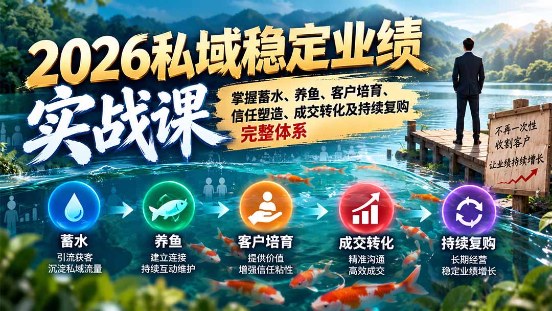 2026私域稳定业绩实战课：掌握蓄水、养鱼、客户培育、信任塑造、成交转化及持续复购完整体系-禾谷轻创网