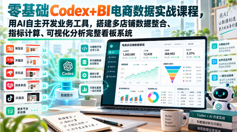 零基础Codex+BI电商数据实战课程，用AI自主开发业务工具，搭建多店铺数据整合、指标计算、可视化分析完整看板系统-禾谷轻创网