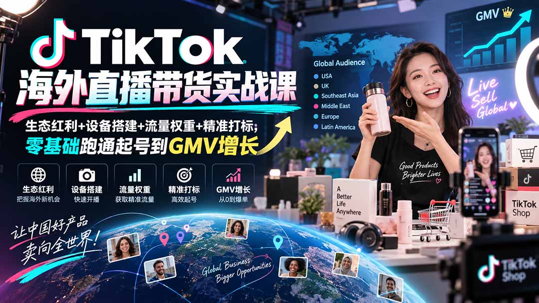 TikTok海外直播带货实战课｜生态红利+设备搭建+流量权重+精准打标，零基础跑通起号到GMV增长-禾谷轻创网