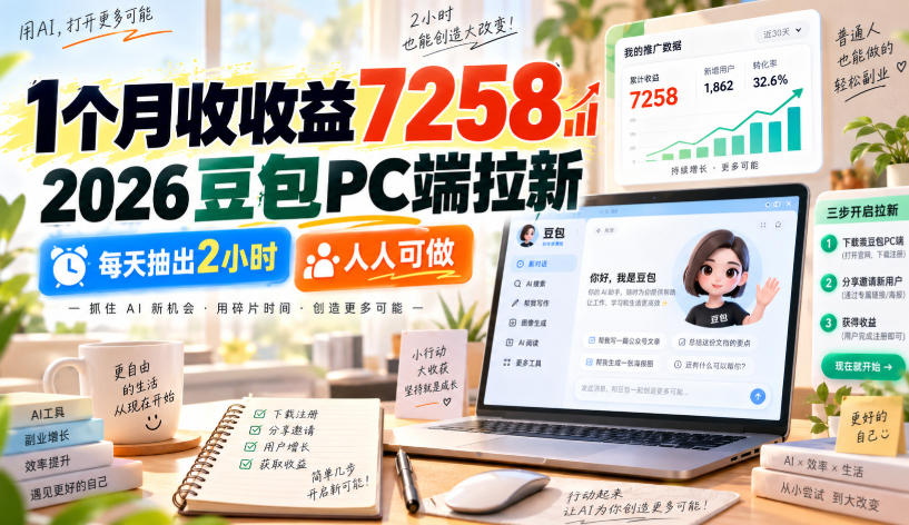 1个月收收益7258，2026豆包PC端拉新，每天抽出2小时，人人可做-禾谷轻创网
