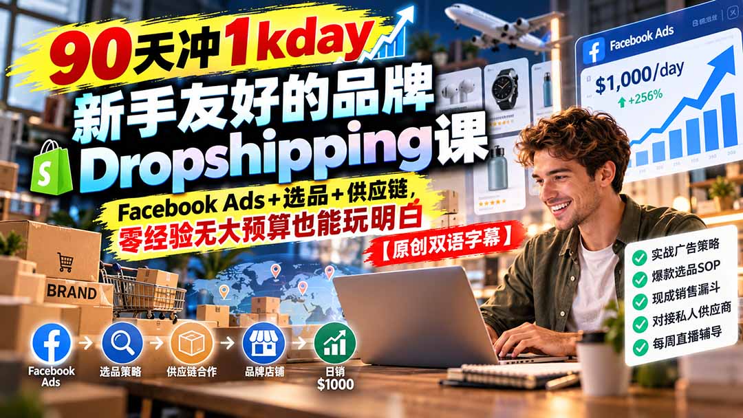 90天冲1kday 新手友好的品牌Dropshipping课：Facebook Ads+选品+供应链，零经验无大预算也能玩明白【原创双语字幕】-禾谷轻创网